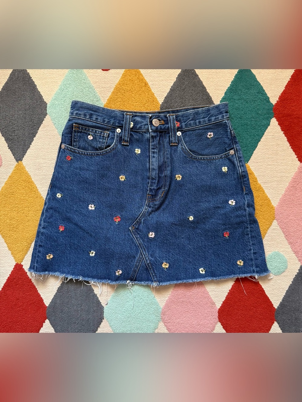 Madewell Rigid Denim A-Line Mini Skirt Embroidered Confetti Floral - Size 25